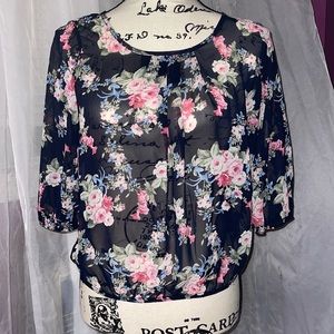 Navy Blue Floral Print Blouse with 3/4 sleeves